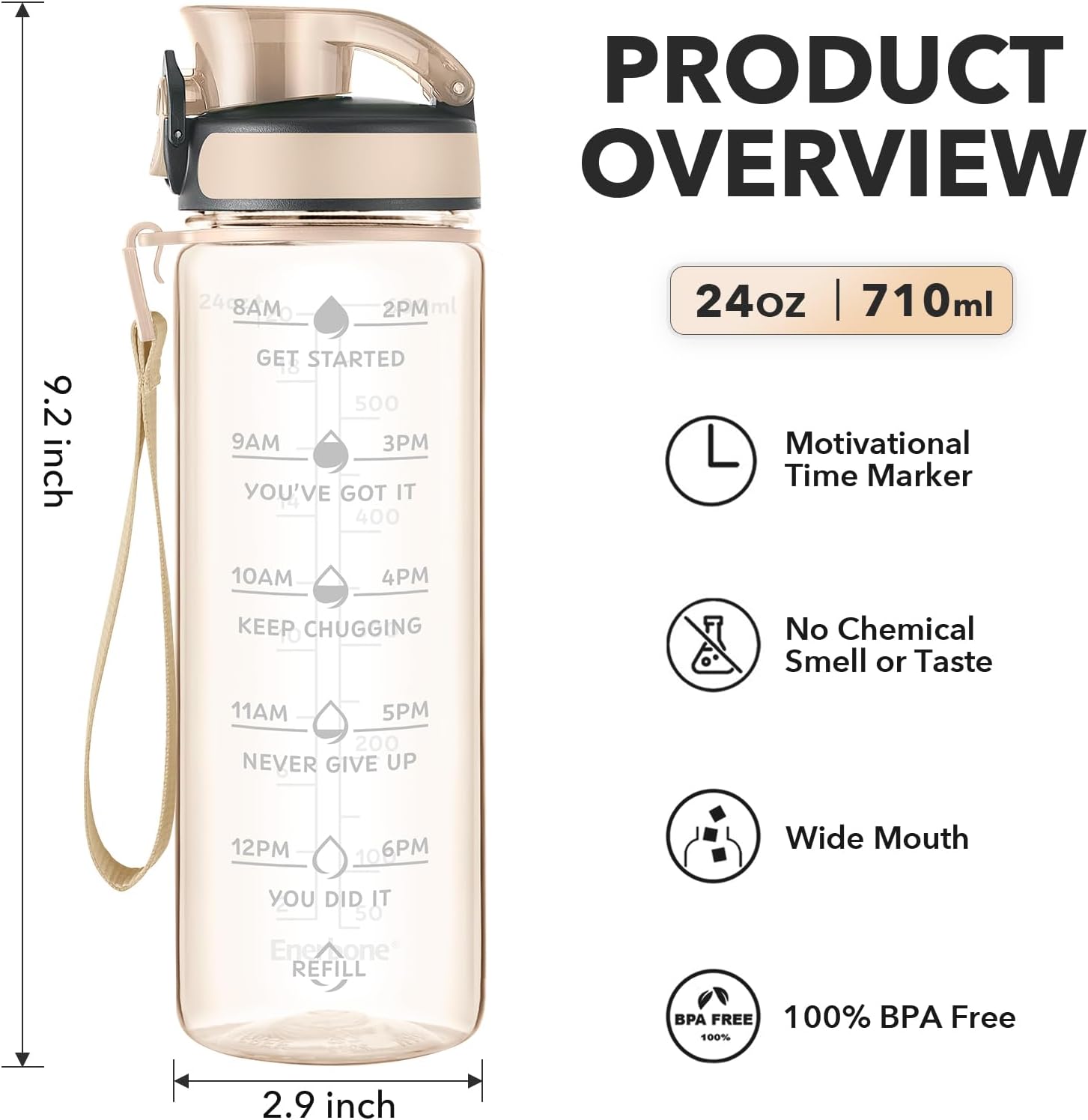 Enerbone Water Bottle, Leakproof BPA & Toxic Free, Motivational Water Bottle with Times to Drink and Straw, Fitness Sports Water Bottle with Strap for Office, Gym, Outdoor Sports - Image 3