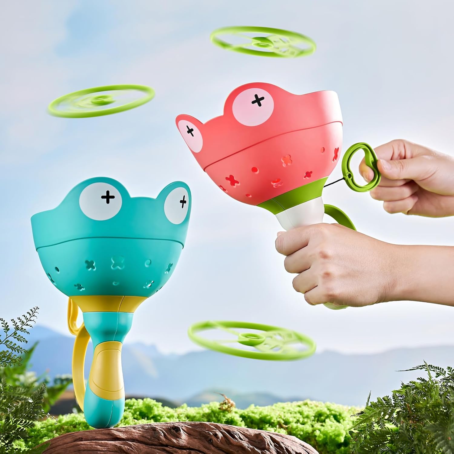 Flying Disc Launcher Toy (2 Packs), Manual Capture Catching Disk Game, Outdoor Toys for Kids Ages 4-8, Outside Yard and Lawn Family Games for Toddlers 3-5, Birthday Gifts for Girls and Boys