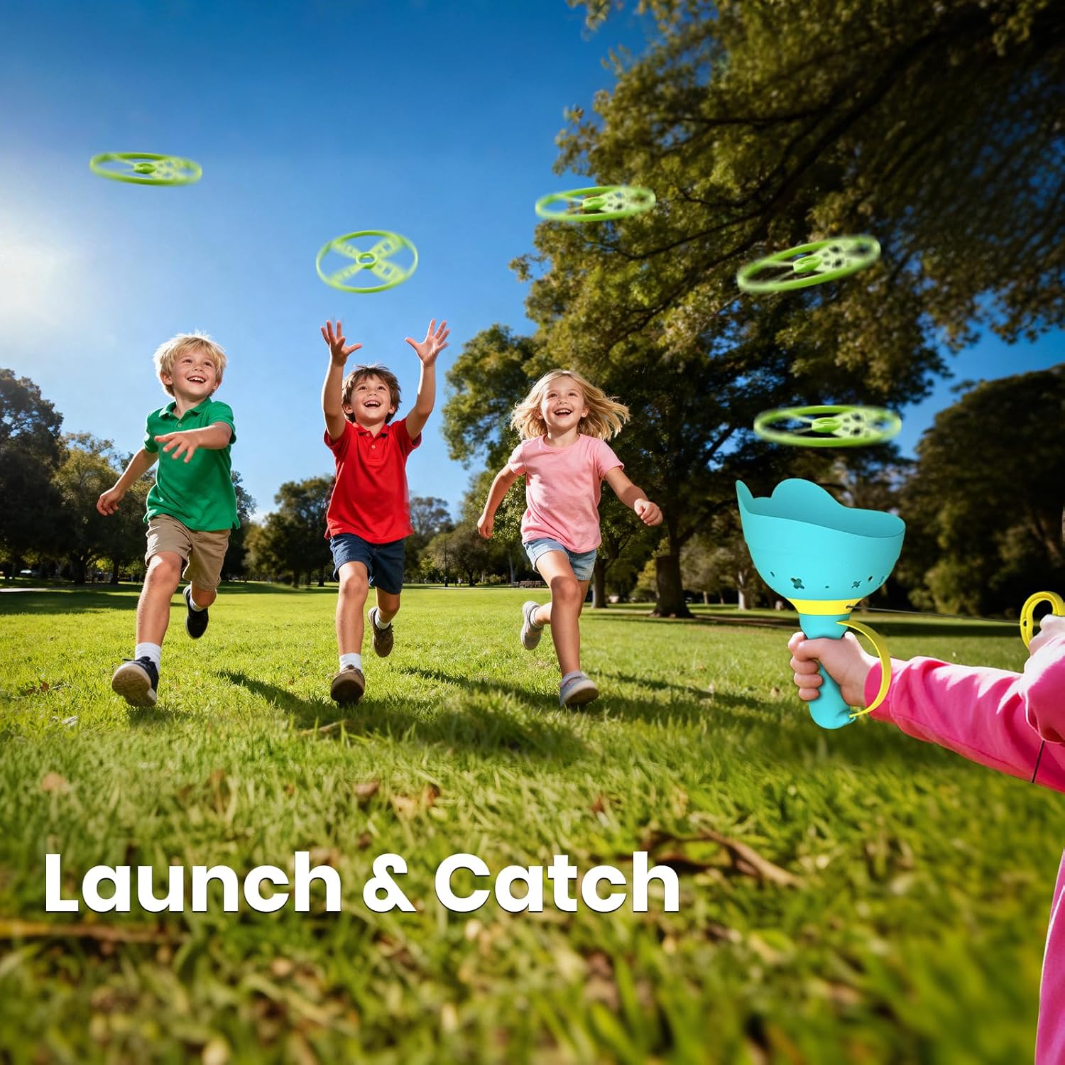 Flying Disc Launcher Toy (2 Packs), Manual Capture Catching Disk Game, Outdoor Toys for Kids Ages 4-8, Outside Yard and Lawn Family Games for Toddlers 3-5, Birthday Gifts for Girls and Boys - Image 3
