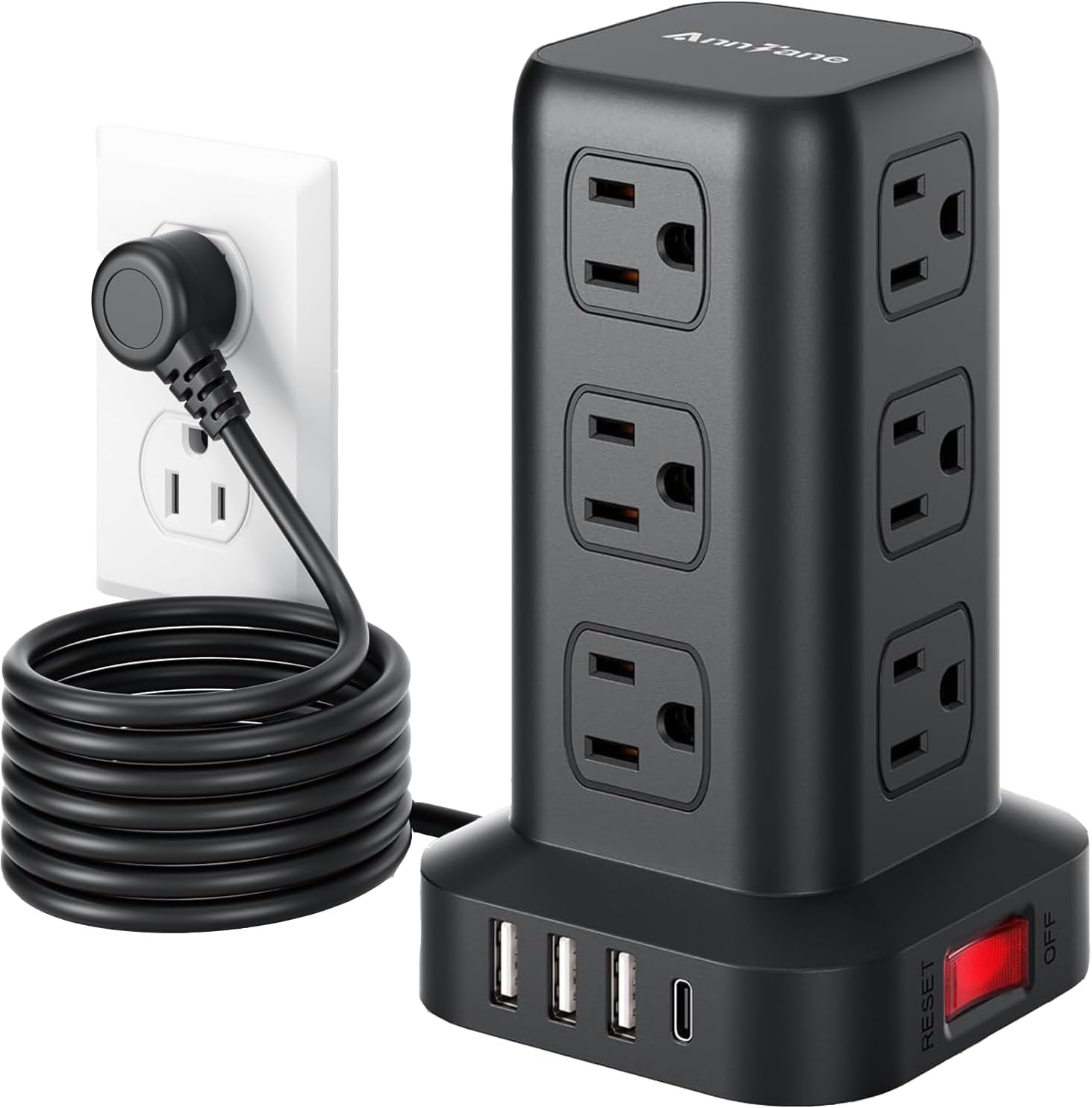 AnnTane Surge Protector Power Strip 6.5 FT Cord, Power Strip Tower with 4 USB Ports (1USB C), Extension Cord with 12 AC Multiple Outlets, Home Office Supplies Desk Accessories, Dorm Room Essentials