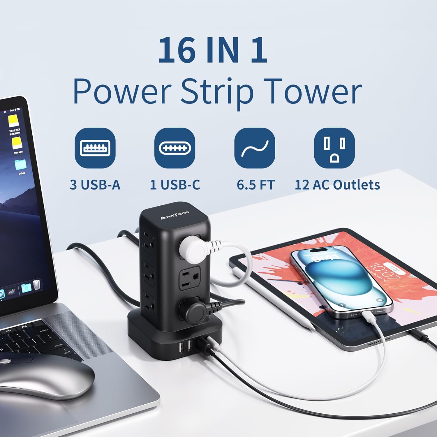 AnnTane Surge Protector Power Strip 6.5 FT Cord, Power Strip Tower with 4 USB Ports (1USB C), Extension Cord with 12 AC Multiple Outlets, Home Office Supplies Desk Accessories, Dorm Room Essentials - Image 2