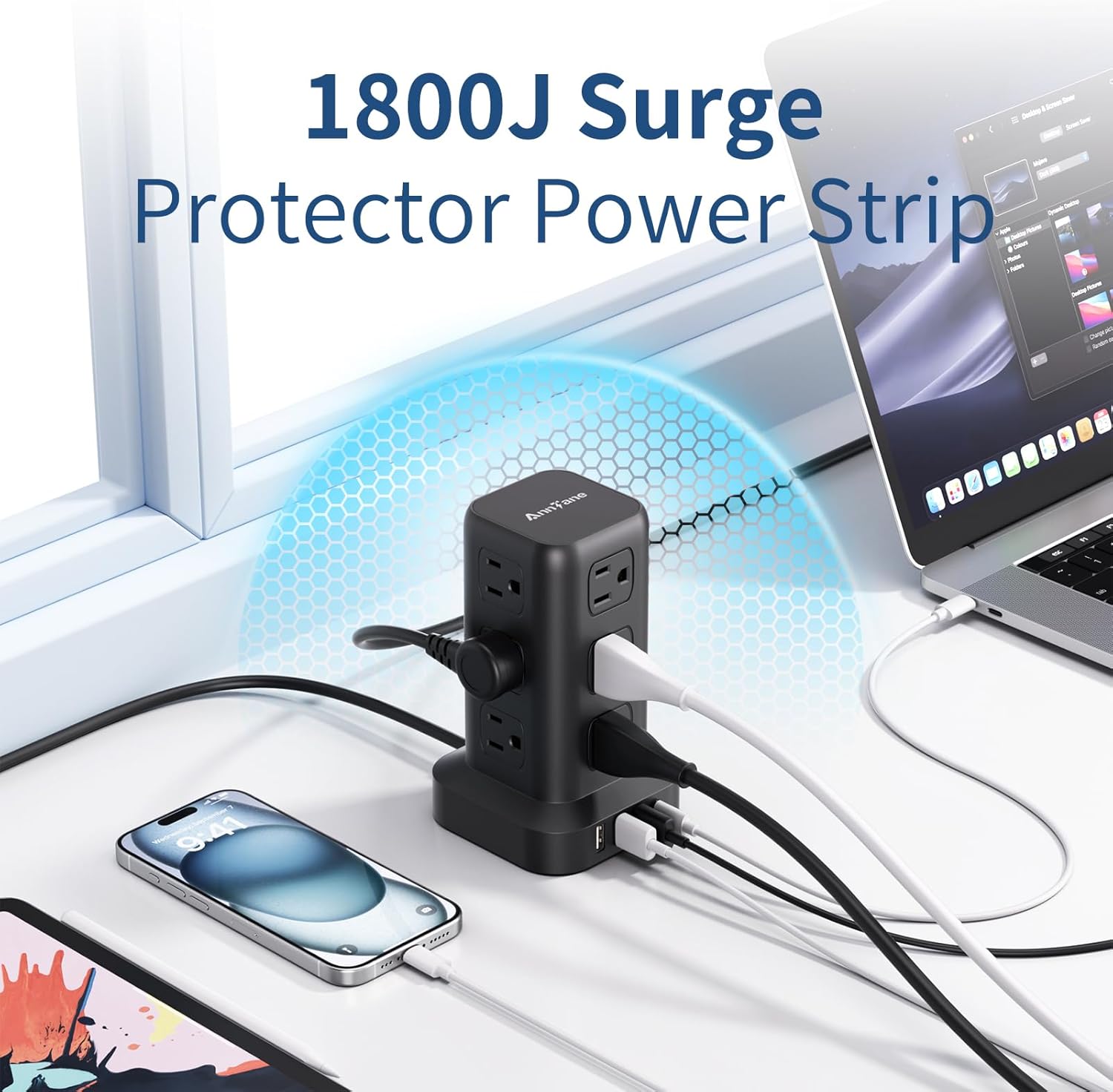 AnnTane Surge Protector Power Strip 6.5 FT Cord, Power Strip Tower with 4 USB Ports (1USB C), Extension Cord with 12 AC Multiple Outlets, Home Office Supplies Desk Accessories, Dorm Room Essentials - Image 3
