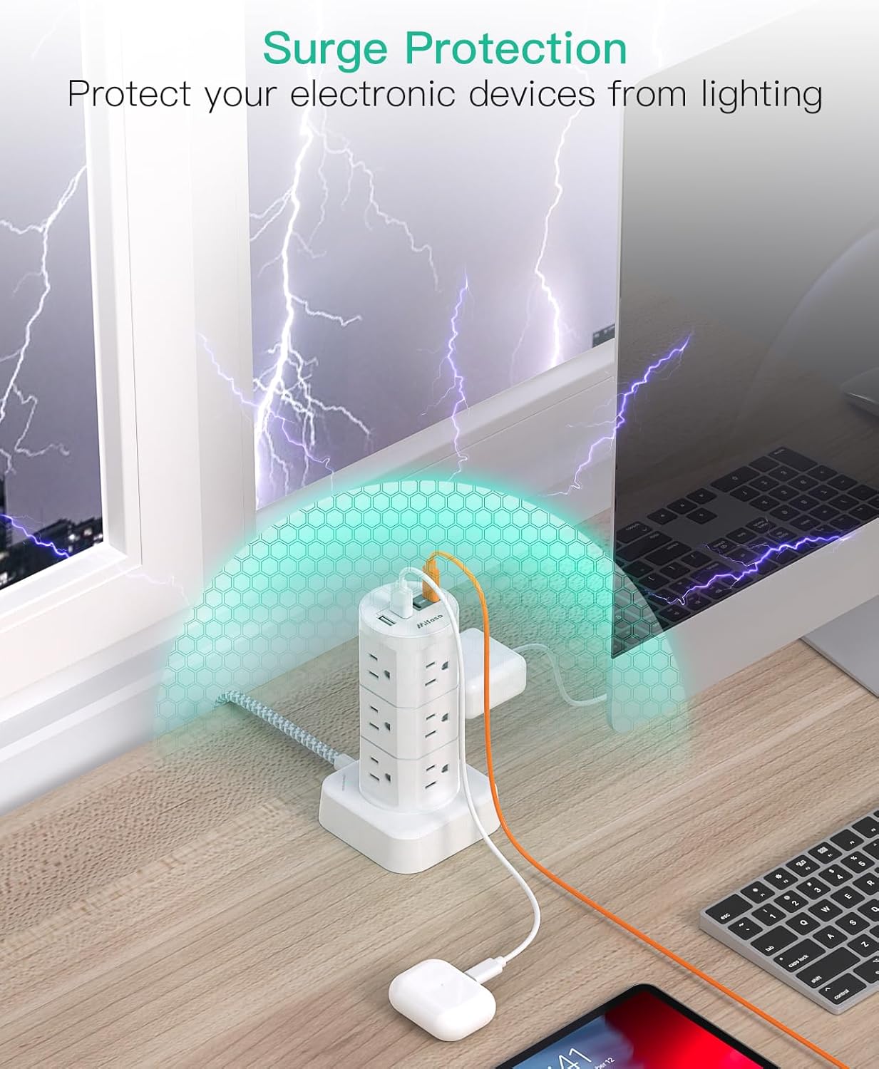 Power Strips with Surge Protection, Flat Plug Power Strip with 12 Outlets 4 USB Ports, Charging Station Tower 1875W/15A 1080J 6Ft Extension Cord with Multiple Outlets, Office Supplies, Dorm Essentials - Image 4