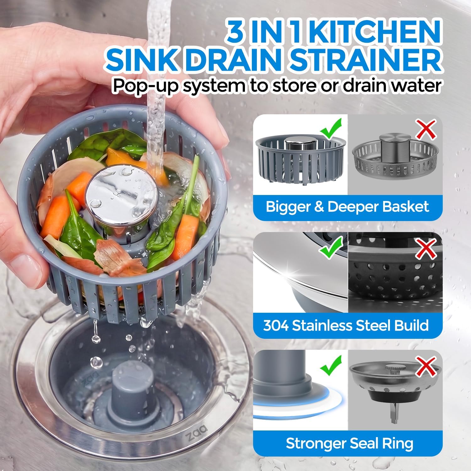 Sink Drain Strainer - Sink Stopper Kitchen Drain, 3 in 1 Kitchen Sink Drain Strainer with Anti-Clogging Basket, Kitchen Gadgets Clearance Sink Accessories, Fit US Standard 3-1/2'' Sink Hole, Silver - Image 2