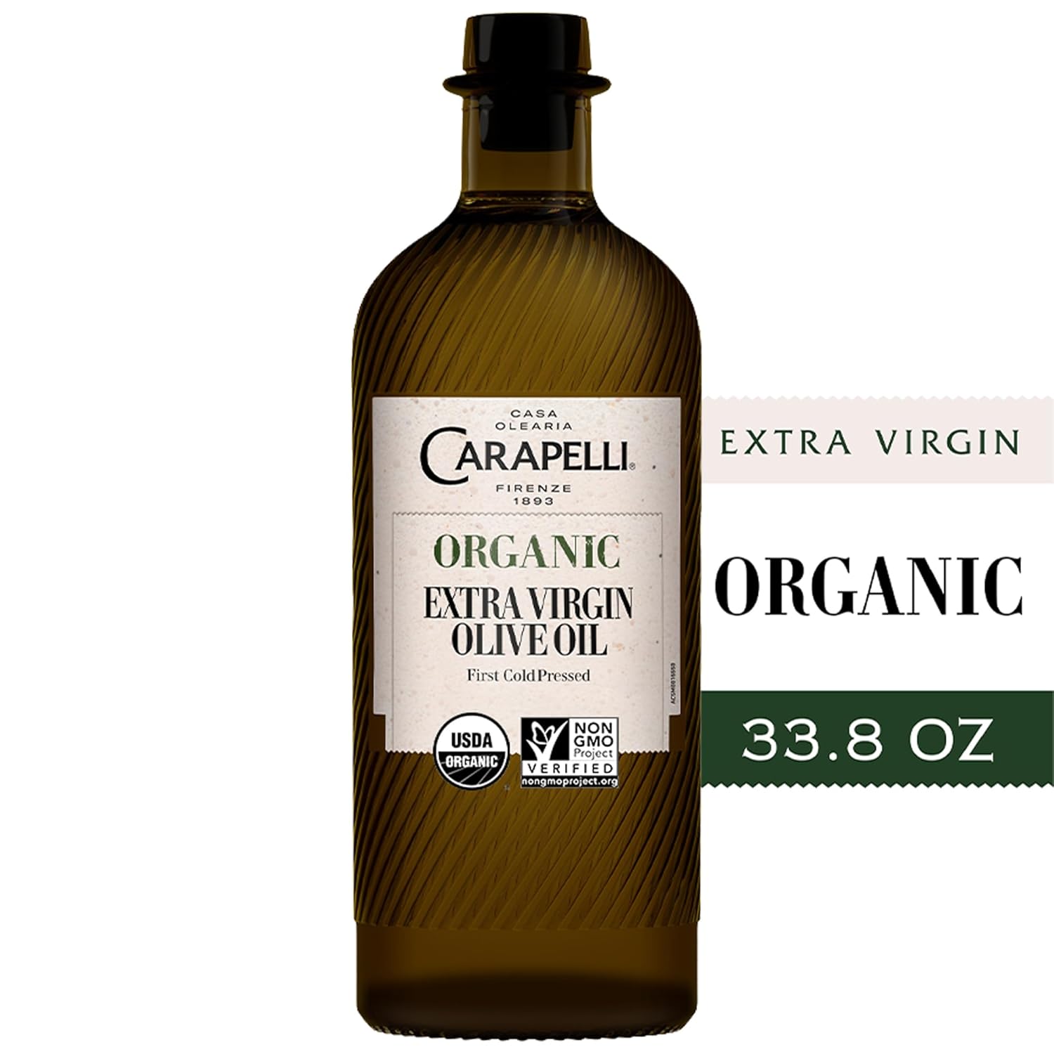 Carapelli - Organic Extra Virgin Olive Oil: Cold-Pressed Organic EVOO – 33.8 Fluid Ounces (1 Liter) (Pack of 2)